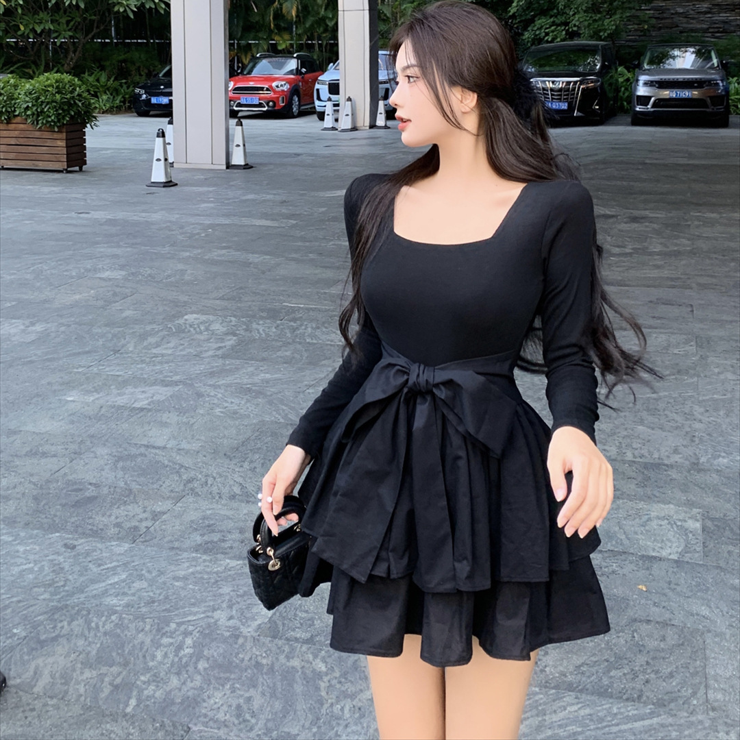 [In stock] 220g original approach new Hepburn bow dress niche design square collar small black dress