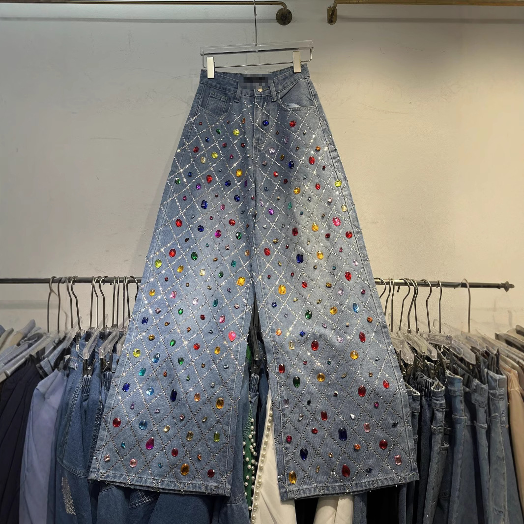 Big Sale 2025 New Summer Style Colorful Gemstone High-Waist Slim Straight Heavy-Duty High-End Jeans for Women