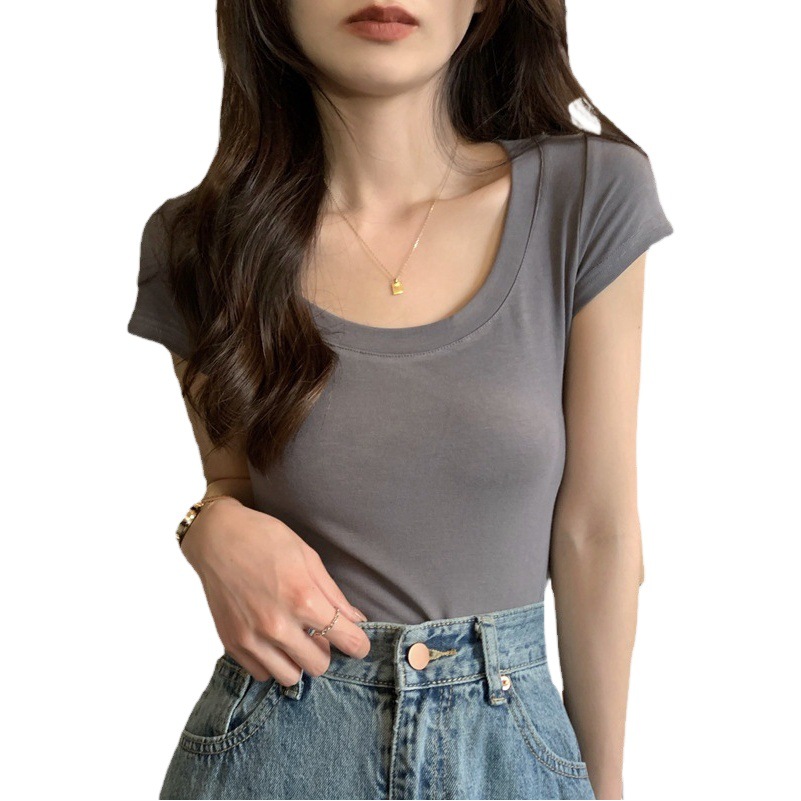 American Style Retro Sweet and Hot V-neck Short-sleeved T-shirt Women's Summer Slim-fit Slimming Pure Desire Style Chic Short Base Shirt Top