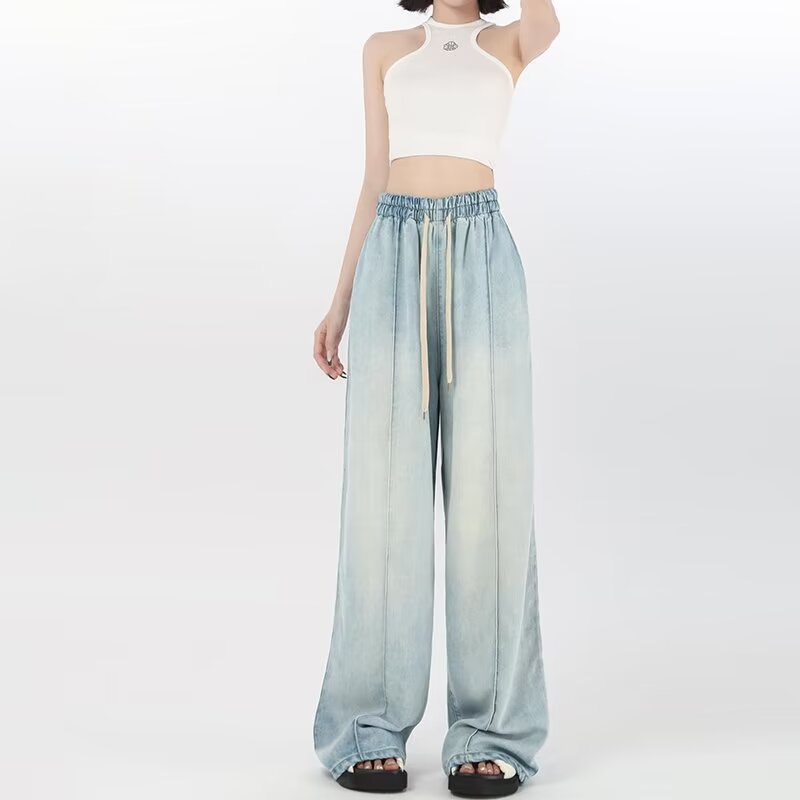 elastic waist Tencel wide leg jeans women's sagging slimming summer 2024 new loose ice silk floor pants fashion