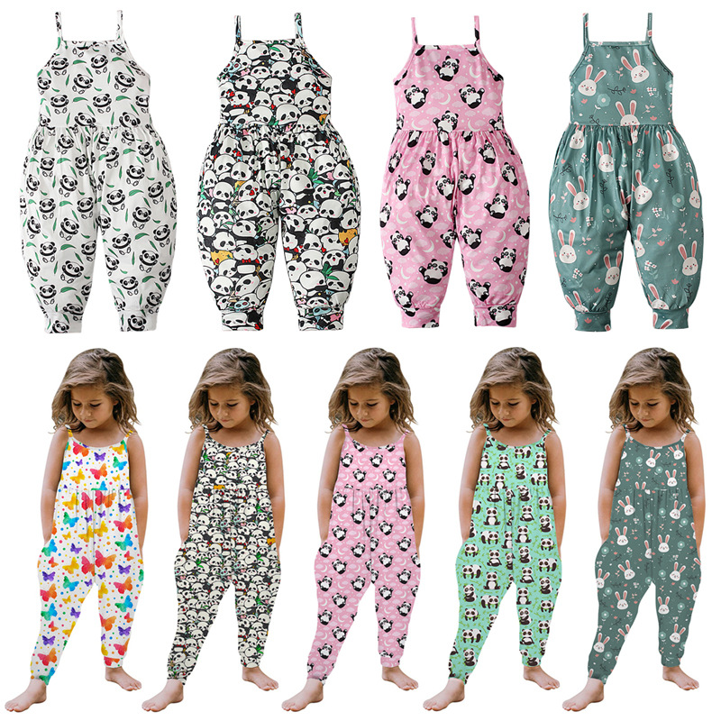 Children's European and American summer girls' panda pattern sling off-the-shoulder jumpsuit romper children's clothing one-piece delivery