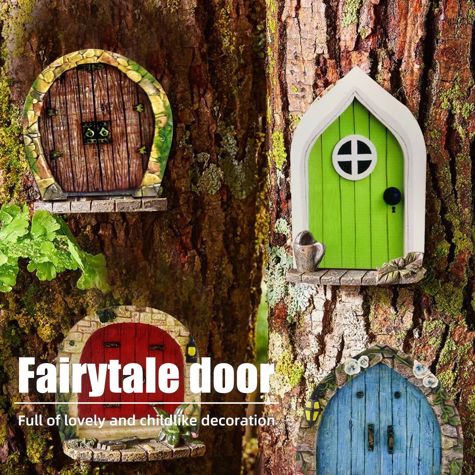 Picture of Yegbong Garden Decorative Fairy Door Courtyard Tree Decorative Wooden Miniature Dwarfs Decorative Fairy Door