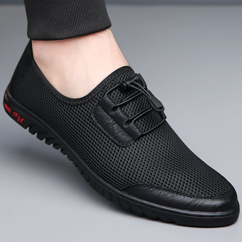 Mesh Men's Casual Shoes Summer Breathable Soft Sole Thin Shoes Slip-on Black Flat Light Men's Shoes Wholesale