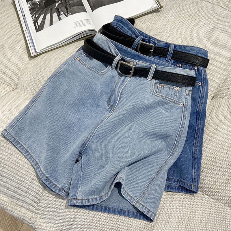 High Waist A- Shapes Casual Denim Shorts Women's Summer Thin Mid-length Pants plus size chubby girl Loose Straight Wide-leg Pants
