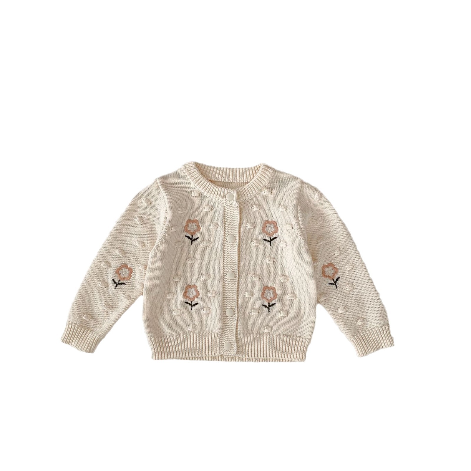 Picture of 2025 Autumn Girls' Knitted Cardigan Pure Cotton Flower Embroidery Round Neck Long Sleeve Top Sweet Baby Girl Coat