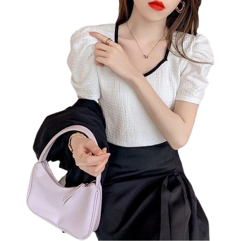 Bubble sleeve shirt T-shirt girls summer Korean wind short sleeve square collar clavicle slim solid color T-shirt a generation of hair