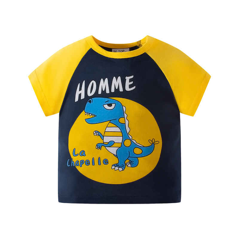 Picture of Children's short-sleeved T-shirt new Korean-style cartoon dinosaur sleeve summer top Baby Cotton color matching clothes delivery