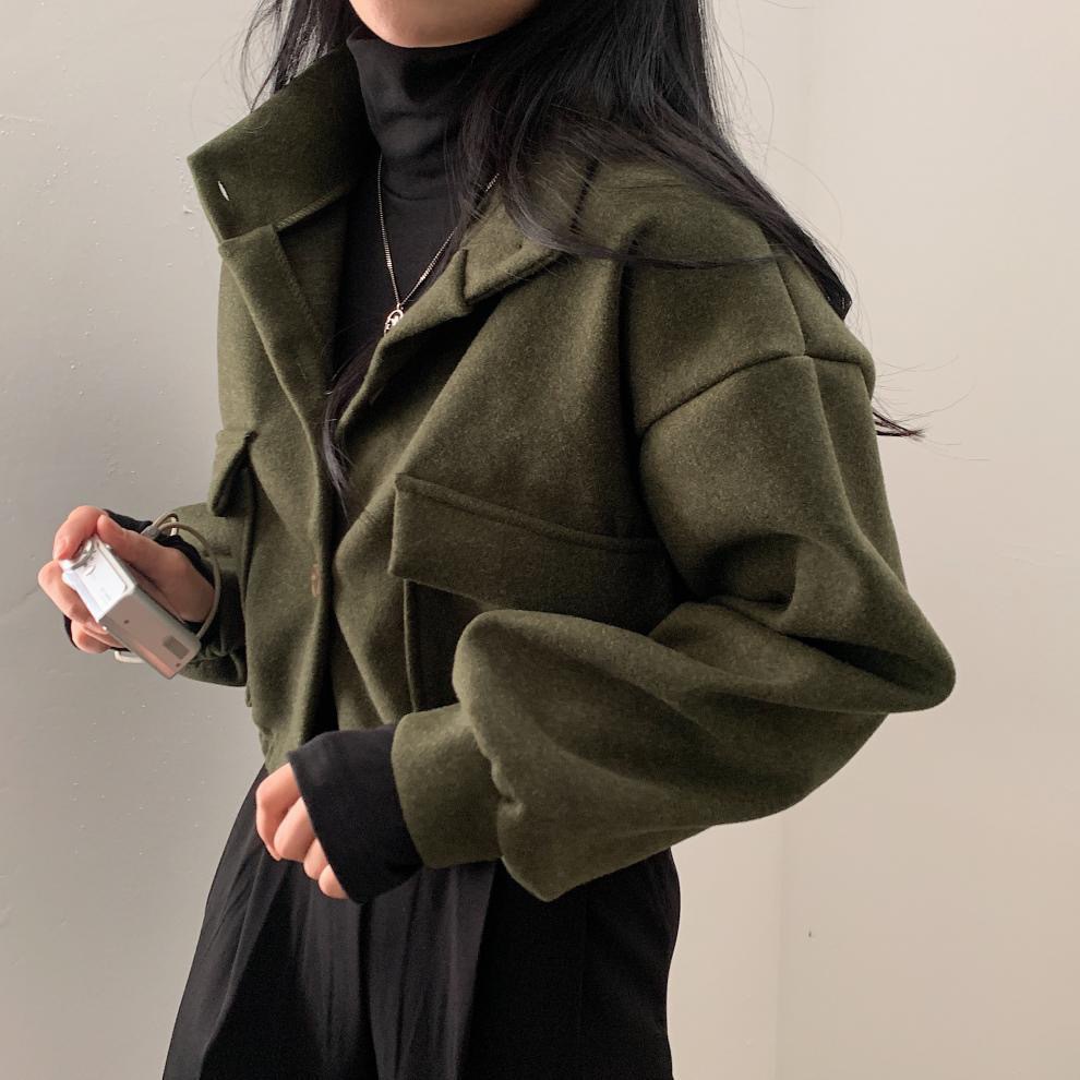 Picture of Autumn and Winter Loose Woolen Coat for Women Plus Size Pocket Small Stand Collar Top Long Sleeve Button Hong Kong Style Woolen Women's Clothing Wholesale