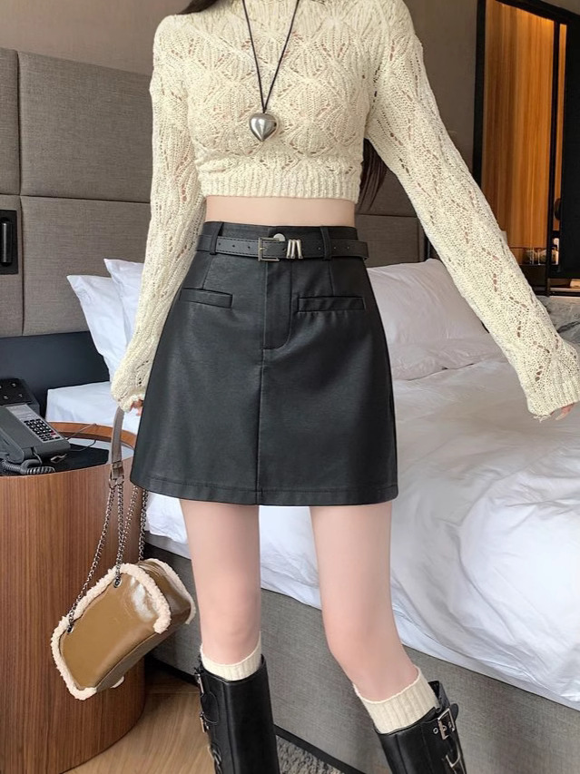 Spice Girls Puleather Short Skirt Women's Early Autumn New High Waist Slim A- line Hip Skirt Skirt Anti-slip Short Skirt Leather Skirt