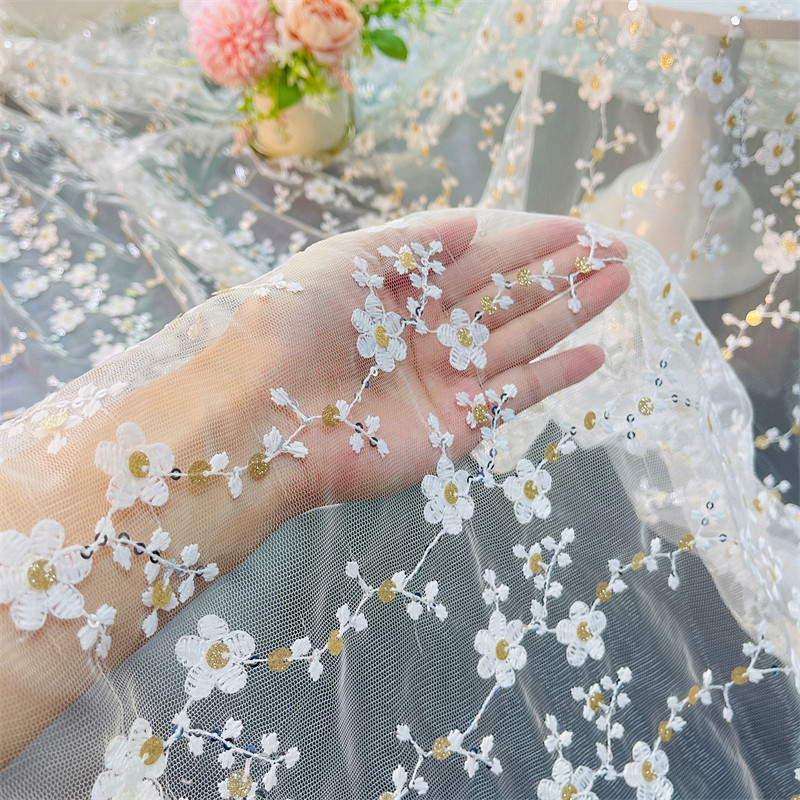 Water soluble mesh embroidery lace fabric milk silk sequins three-dimensional clothing dress mesh embroidered fabric