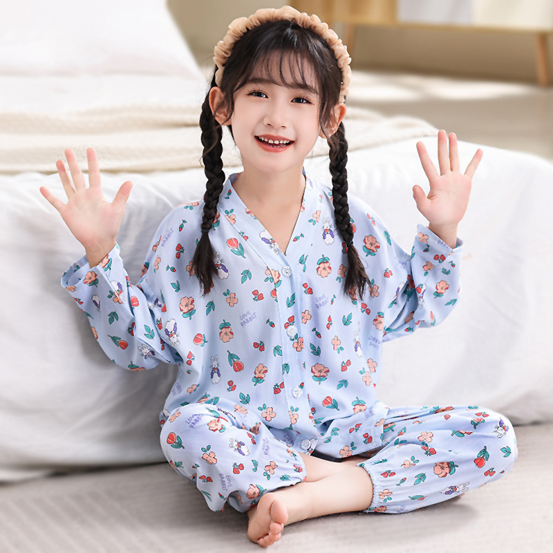 Spring and Summer New Children's Cotton Silk Cardigan Pajamas Set Long-sleeved Home Clothes Boys and Girls Baby's Family Clothes Thin