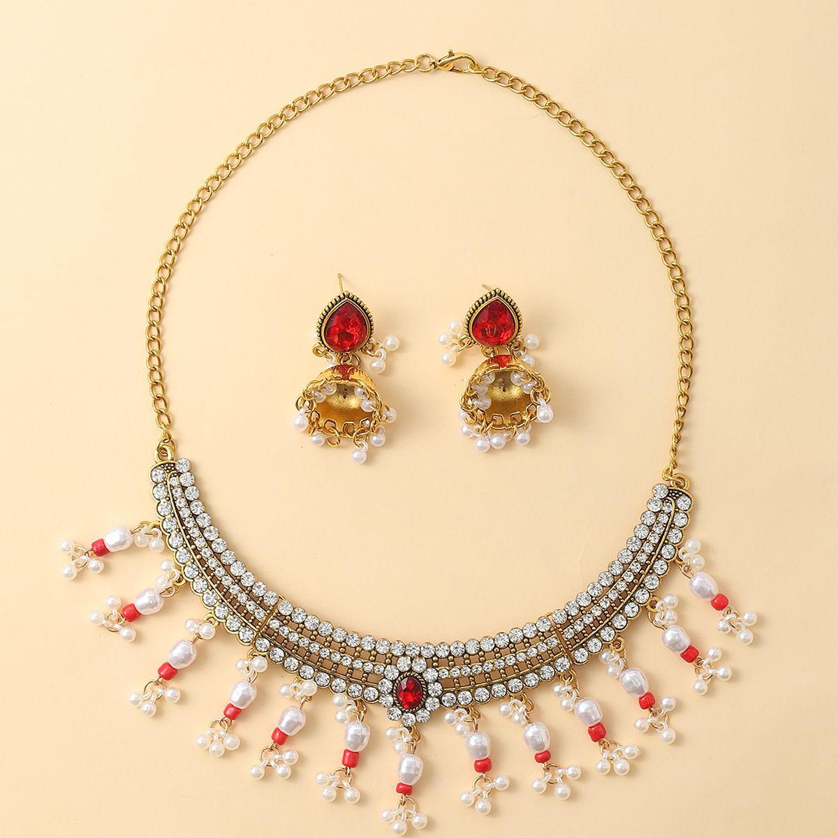 Picture of European and American Cross-border Pearl Tassel Drop Beads Exaggerated Necklace Earrings Women Bohemian Fashion Vintage Jewelry suit Women