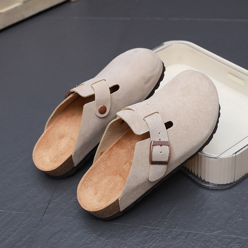 Birkenstock cork cowhide slippers increase height flat soles 2025 spring and autumn one-foot pedals women's half slippers are comfortable to wear outside
