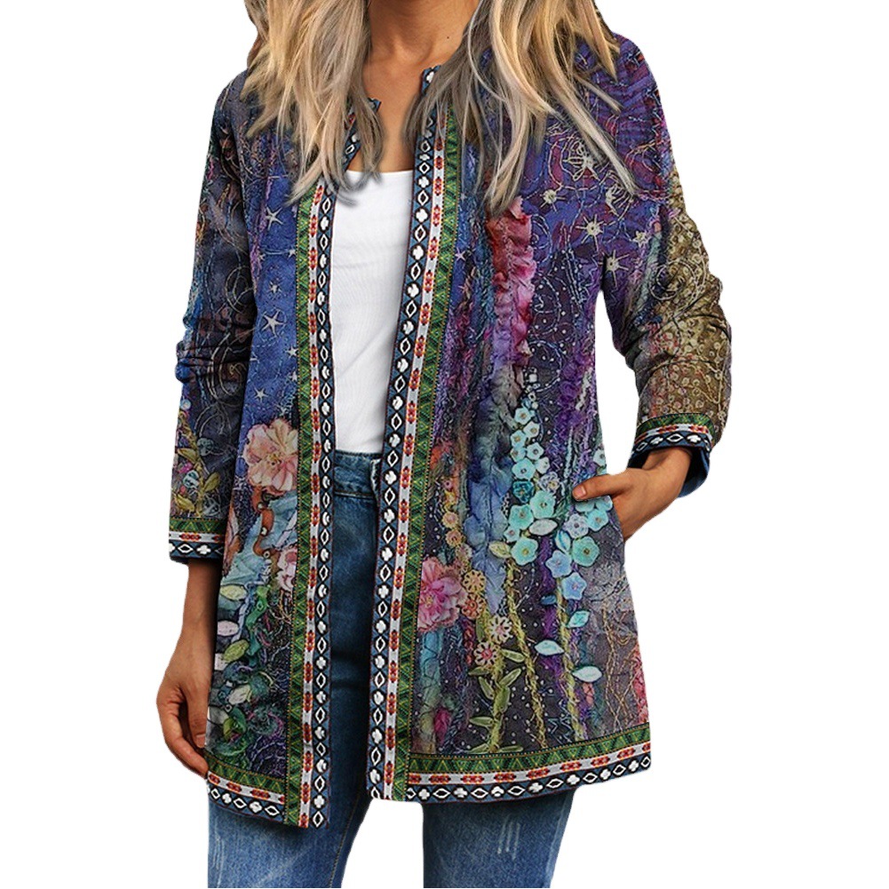 9226# Amazon wish Fall/Winter New Retro Ethnic Style Printing Long Sleeve Jacket Jacket Cardigan Women's Wear