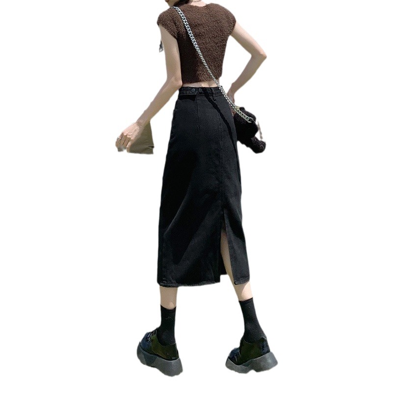 Black split denim skirt women's summer 2024 new small high waist A- line sheath midi skirt
