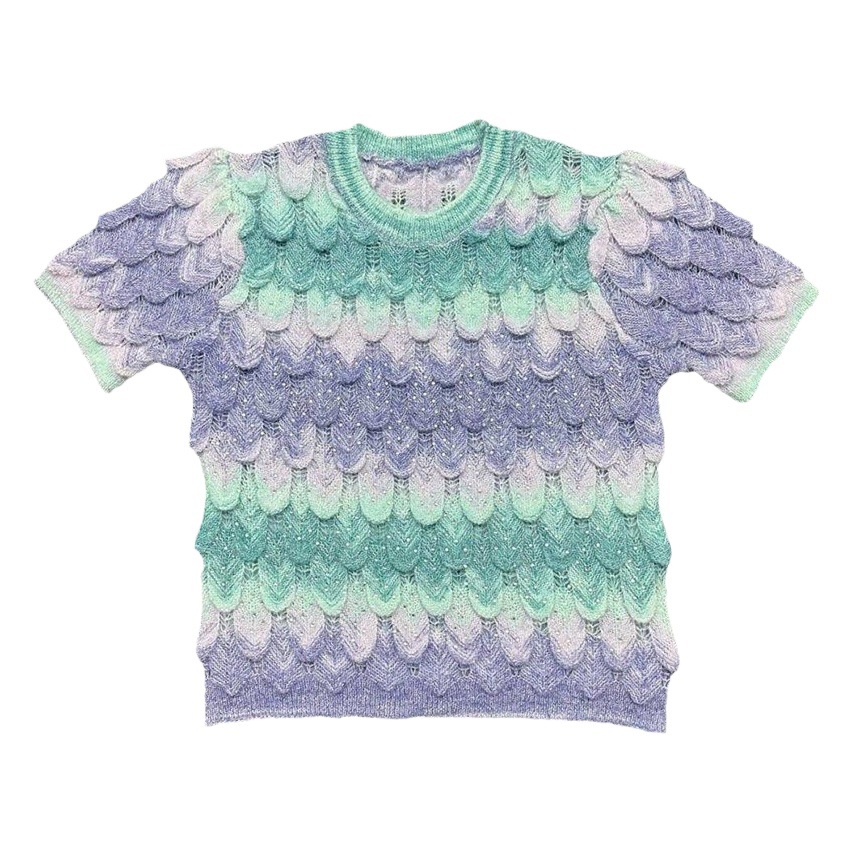 Picture of Summer Thin Heavy Industry Diamond-encrusted Rainbow Color Knitwear Women's New Style Chanel Style Loose Pullover Loose Hollow Top