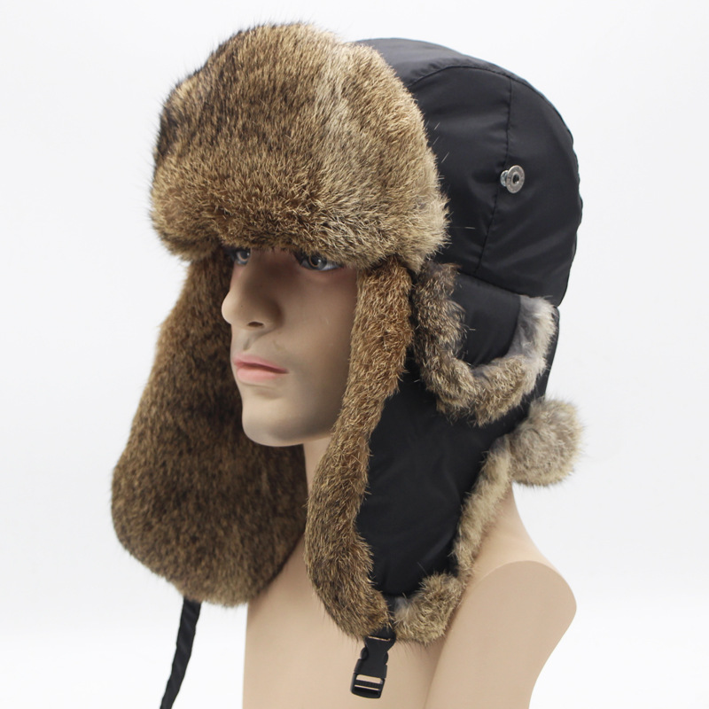 Foreign trade fur hat rabbit fur Lei Feng cap winter warm men's cloth top grass rabbit fur cap thickened ear cap