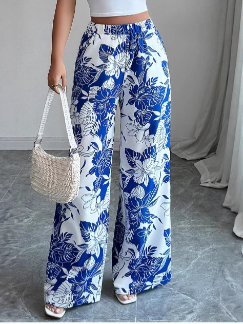 2025 New Foreign Trade Cross-Border Fashion Women's Casual Loose Elegant Multi-Element Printed Elastic Waist Wide Leg Straight