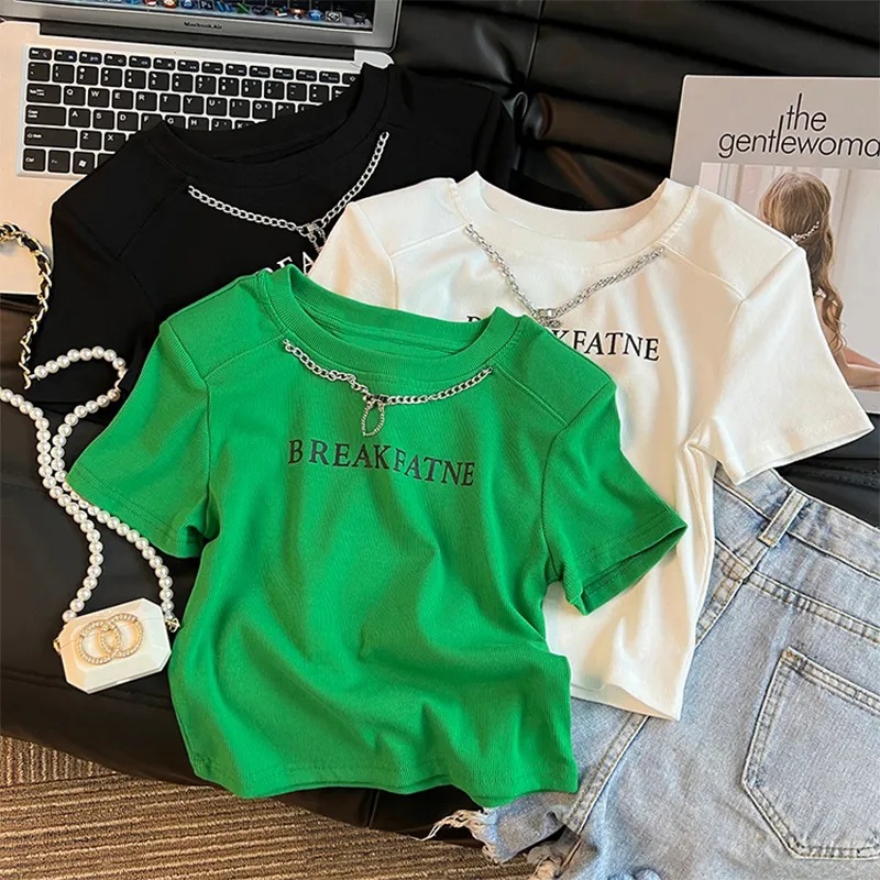 Short-sleeved T-shirt Women's 2024 Summer New Design Sense Niche Short Shoulder Bm Spice Girls Pure Slim Top