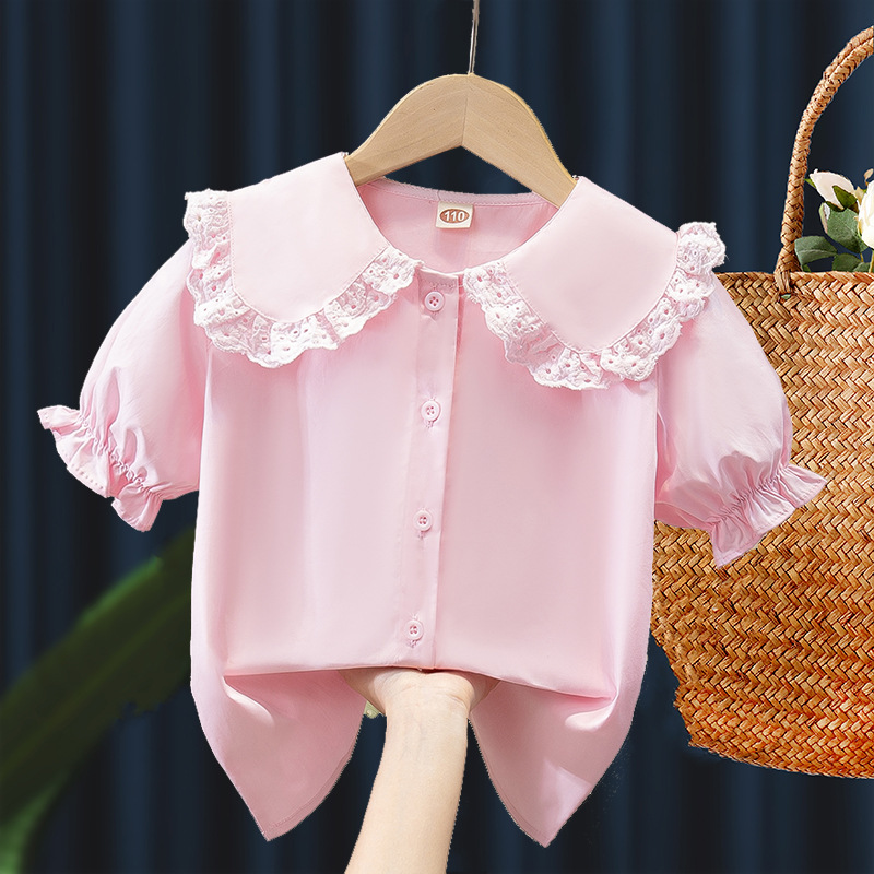 Picture of Girls Short-Sleeved Shirt Summer New Style Medium and Large Children's Summer Pure Cotton Shirt Doll Shirt White Top Cross-Border