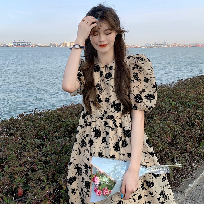French Style Tea Break Floral Dress Women's Summer 2023 New Style Elegant High Waist Slimming Puff Sleeve Gentle Wind Long Dress