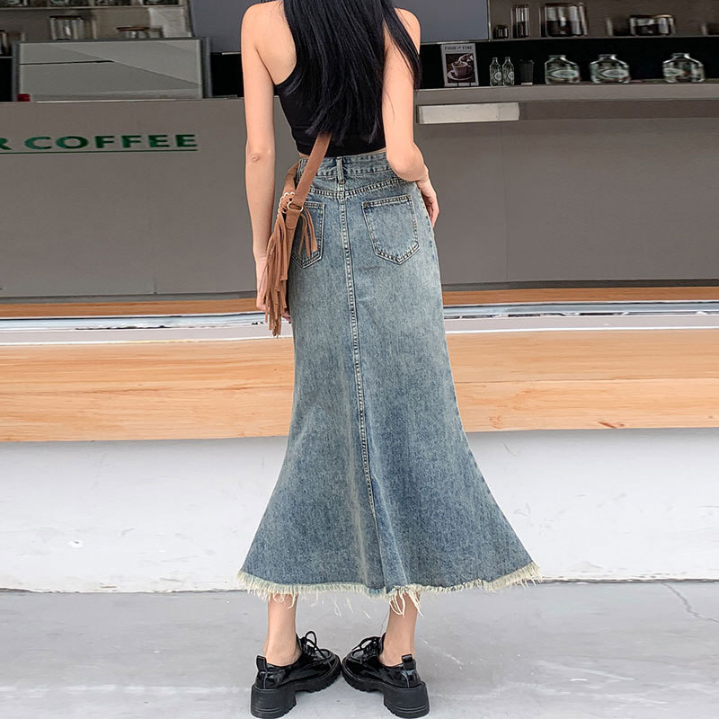 Picture of Vintage Fishtail Skirt Denim Skirt Women's ins Style Design Sense Niche A- line Hip High Waist Half-length Skirt
