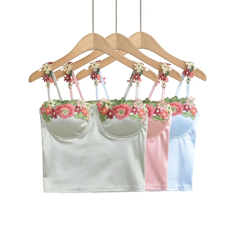 Korean Style Sweet Fresh Three-dimensional Flower Design Sling Pure Backless Sexy Slim Cup Top for Women