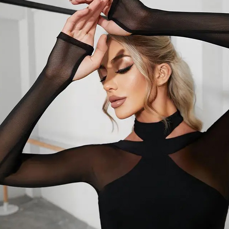 Picture of 2025 spring and summer new mesh stitching jumpsuit European and American women's sexy stretch tight jumpsuit cross-border e-commerce