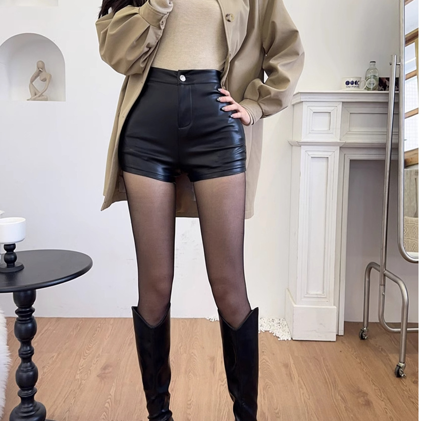 Black Leather Shorts Women's Autumn and Winter High Waist Hip PU Leather Bottoming Western Style Tight Sexy Hot Pants Short Zipper Leather Pants