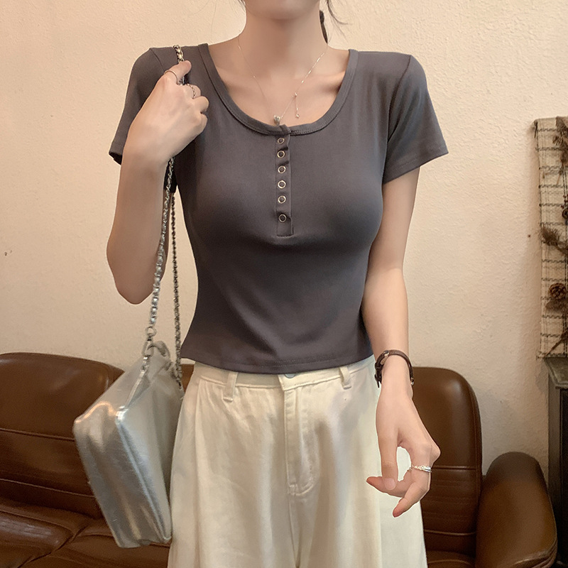 Cross-border Gentle Style Shoulder U-collar Short-sleeved Interior Summer Half-open Collar Tight Design Sense Short Base Top T-shirt for Women
