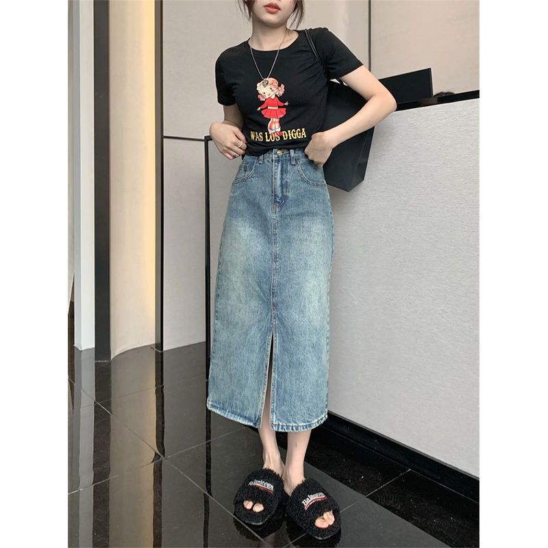 Vintage A- line Split Denim Skirt Women's Spring and Summer 2024 New High Waist Slimming Hip Skirt Mid-length Skirt Trendy