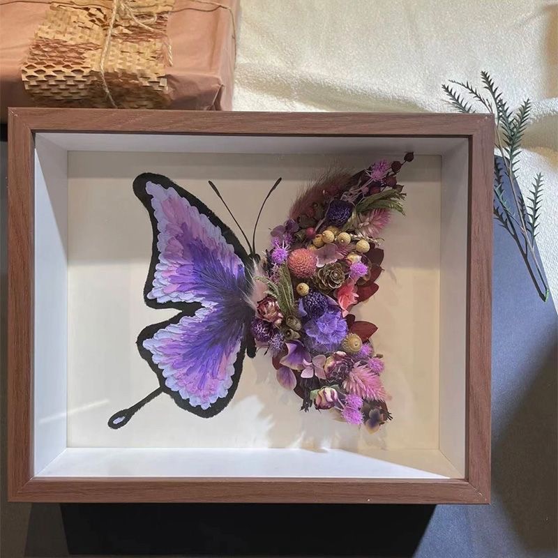 Picture of Purple Butterfly Dried Flower Oil Painting Stick Hollow Three-Dimensional Photo Frame Handmade DIY Goddess Festival Gift for Girlfriend Eternal Flower