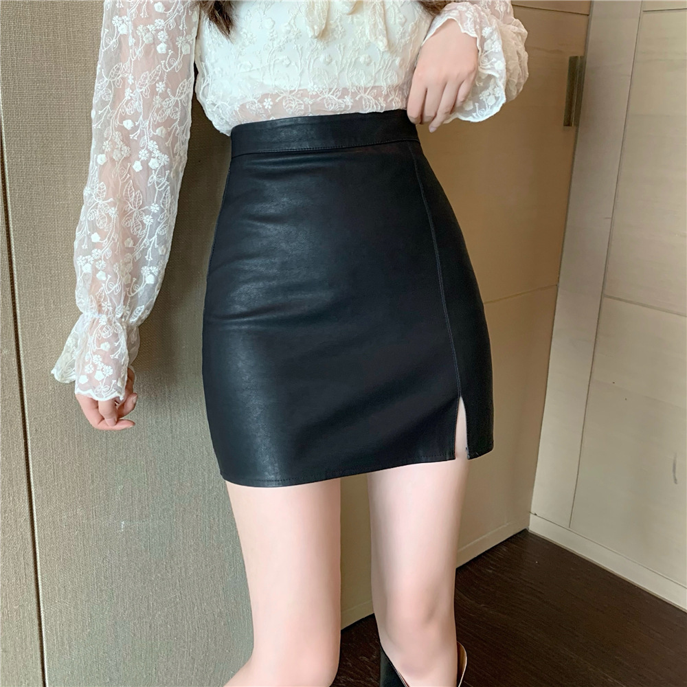 Black PU Small Leather Skirt Women's Skirt Autumn and Winter High Waist Hip Elegant Skirt Split Small A- line Half Skirt