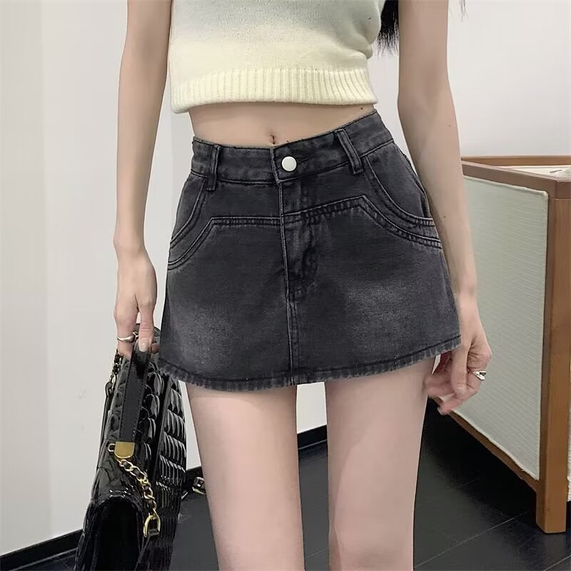 Vintage American Style Summer 2024 New Style Washed High Waist Denim Skirt Women's Hot Girl Culottes Skirt Hip Skirt