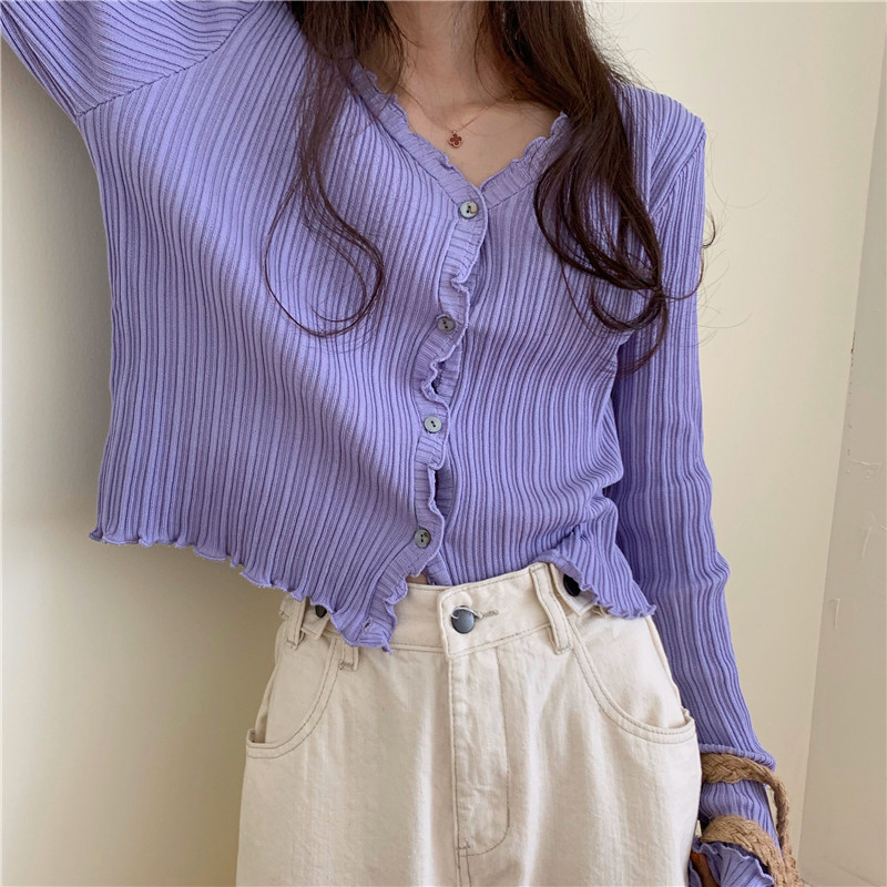 Picture of New Korean-style short bm thin top long-sleeved sweater women's purple V-neck slim-fit sunscreen cardigan Ice Silk