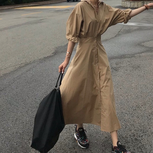 Korean-style chic Vintage Cold-style Lapel Single-breasted Slim-fit Tight Waist Puff-sleeved Shirt Long Dress for Women
