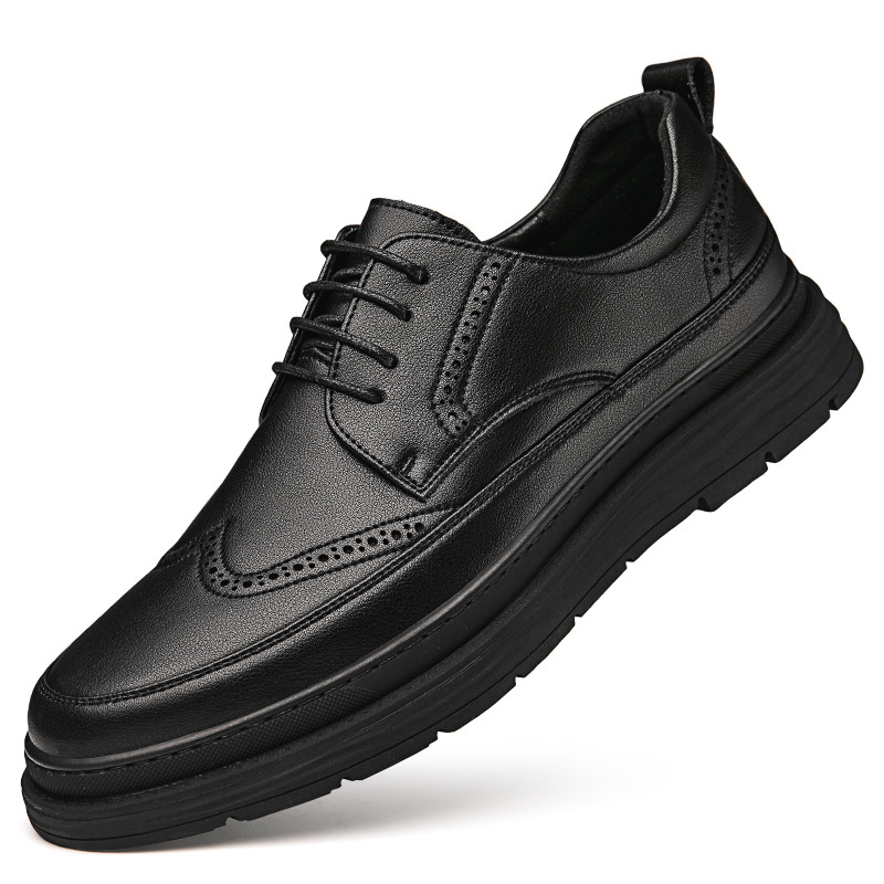 8003 men's shoes brogue shoes outdoor workwear leather shoes spring low-top carved cowhide thick sole hidden height increasing casual shoes