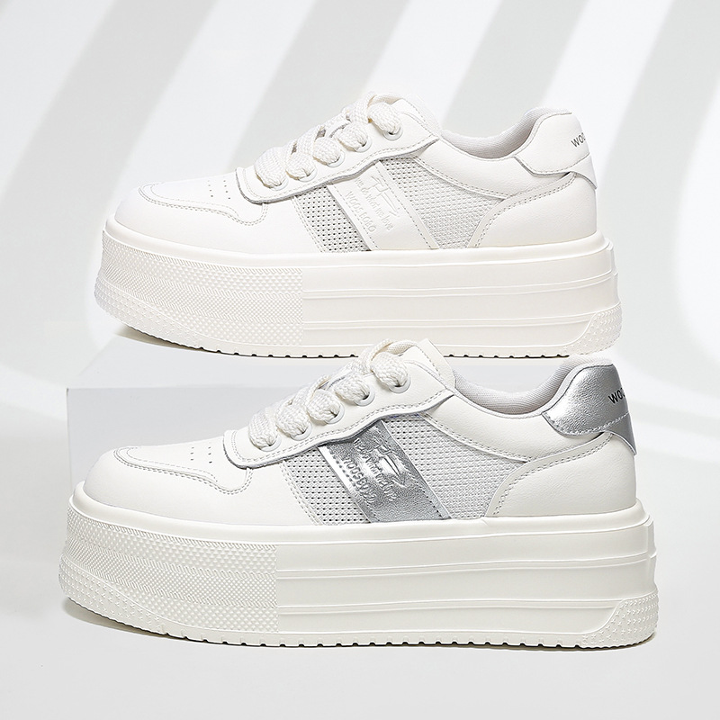 Breathable Genuine Leather White Shoes for Women 2025 New Casual Retro Versatile Comfortable Thick-Soled Sneakers Heightening Women's Shoes Wholesale