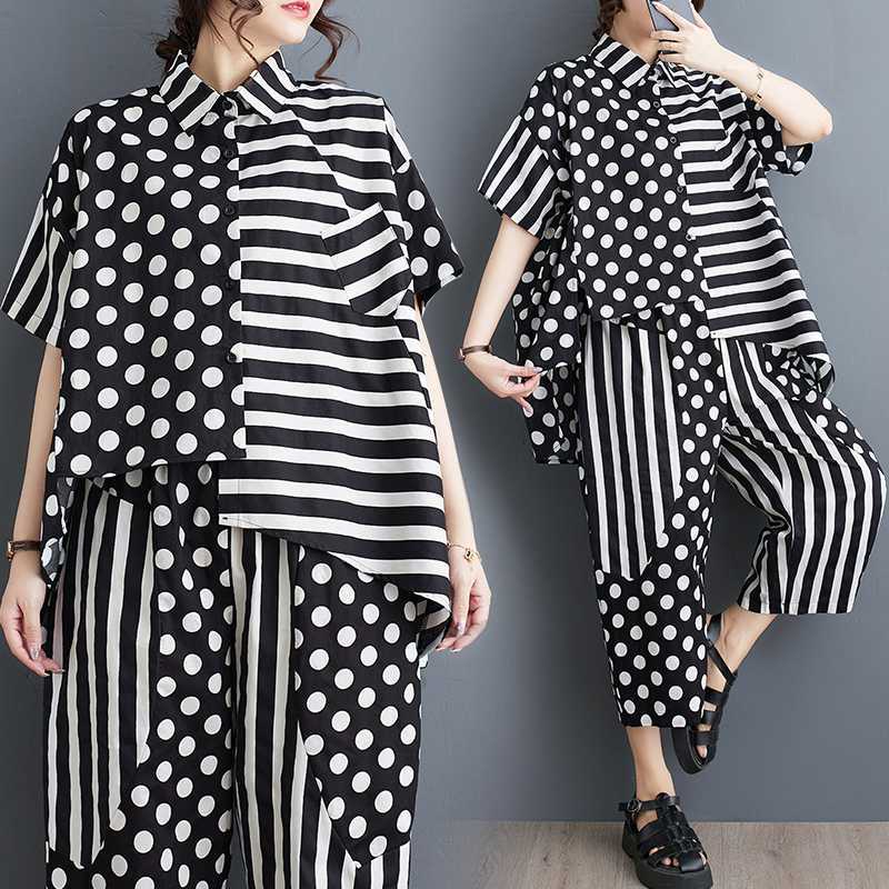 2024 spring and summer new Korean style plus size short sleeve color matching polka dot shirt harem cropped pants two-piece set for women