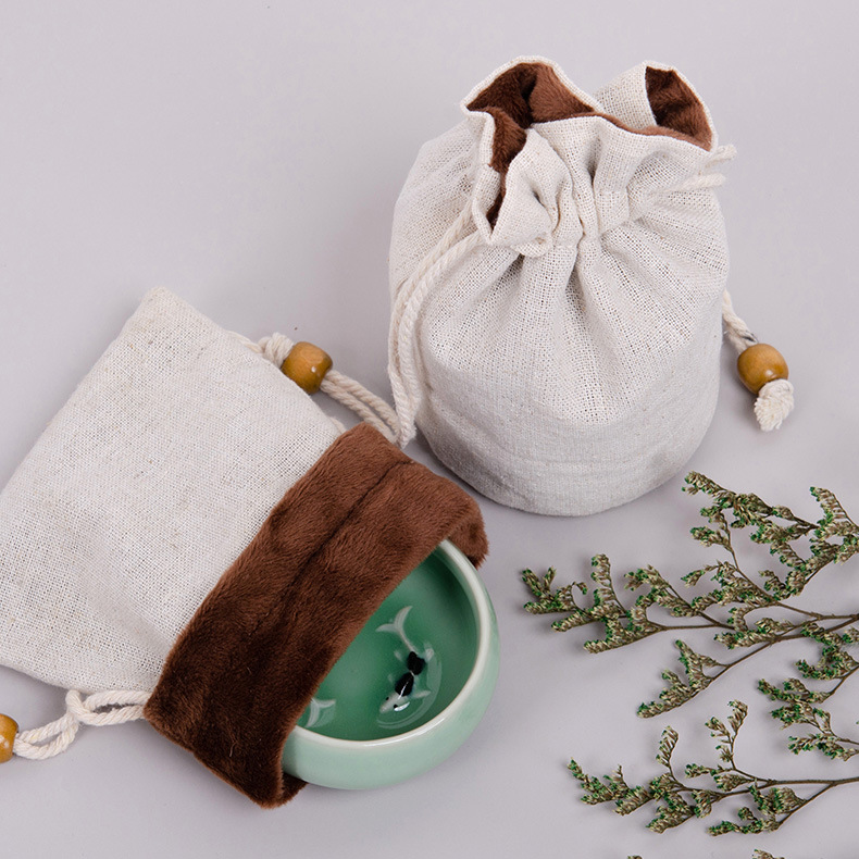 Blank spot double drawstring cotton bag can be printed text play plate beads hand string flannel packaging storage bag