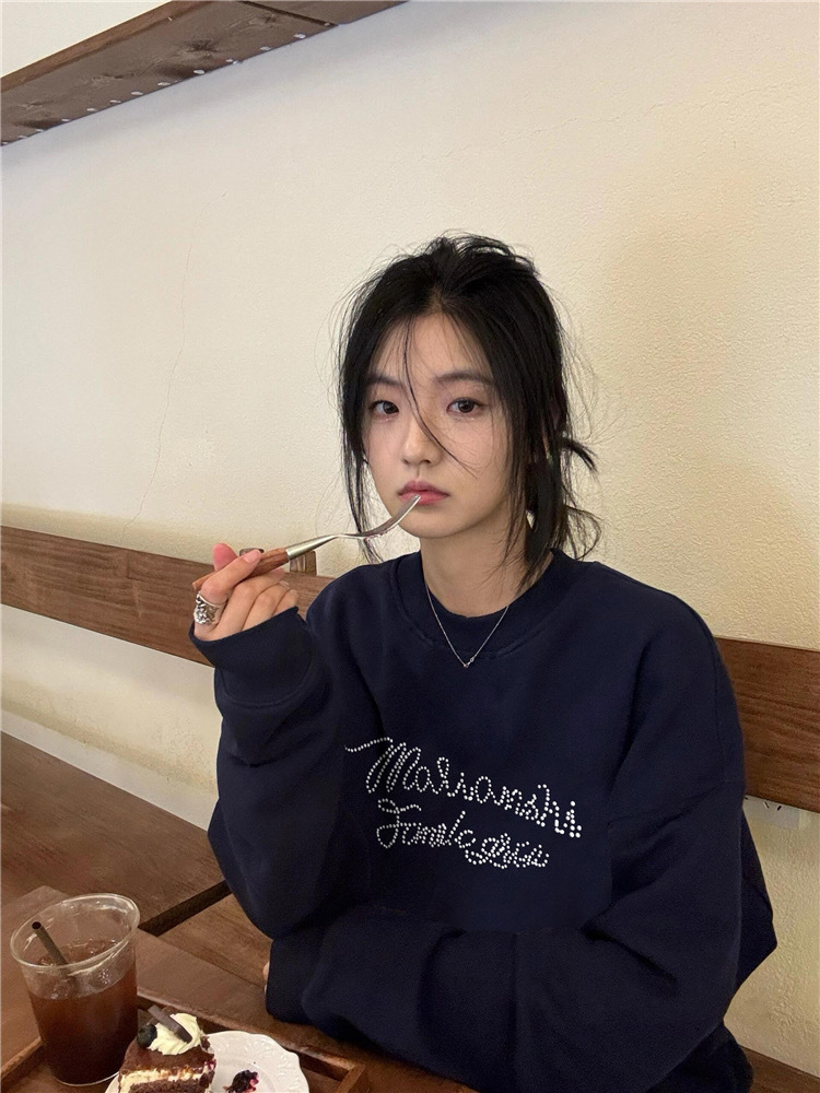American Style navy blue Sweat Women's Autumn New Alphabet Printed Round Neck Long-sleeved Lazy Style Loose Casual Top Trendy