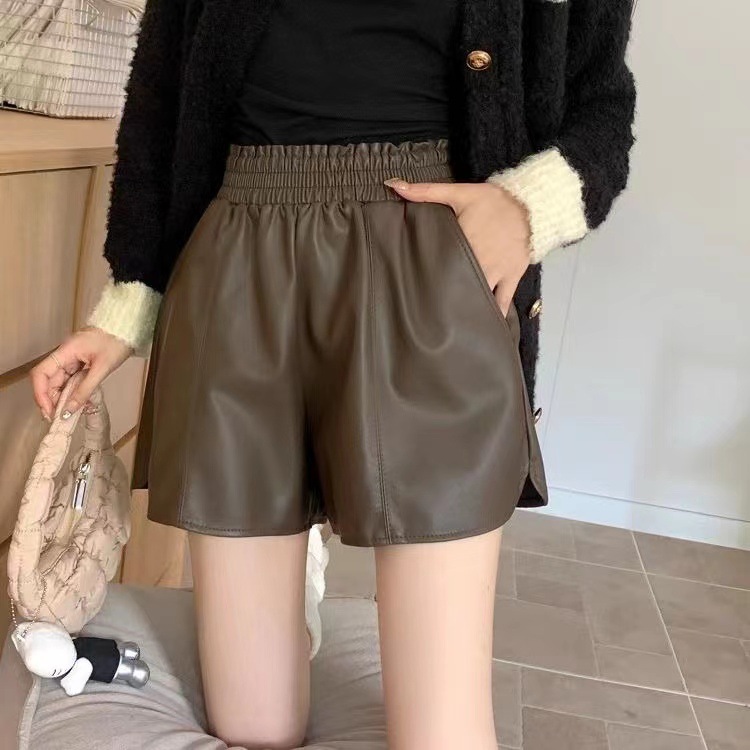 Leather shorts women's 2020 autumn and winter New Korean style versatile loose slimming PU leather wide leg A- line high waist boots pants
