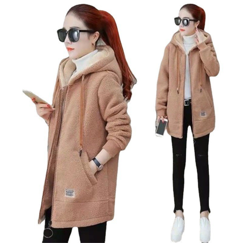 Picture of Embroidered Letter Fleece-lined Thickened Lamb Wool Women's Fleece Sweater Korean Elegant Casual Women's Mid-length Hooded Top