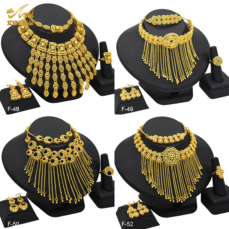 Hot Selling Jewelry Dubai Bride Cross Border Jewelry suit Tassel New Necklace Bracelet Earrings Ring Jewelry