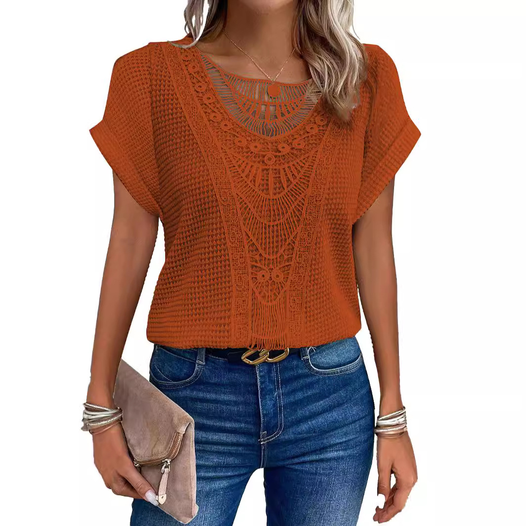 Picture of 2024 Amazon European and American spring and summer new independent stand lace stitching short-sleeved T-shirt in stock cross-border women's clothing