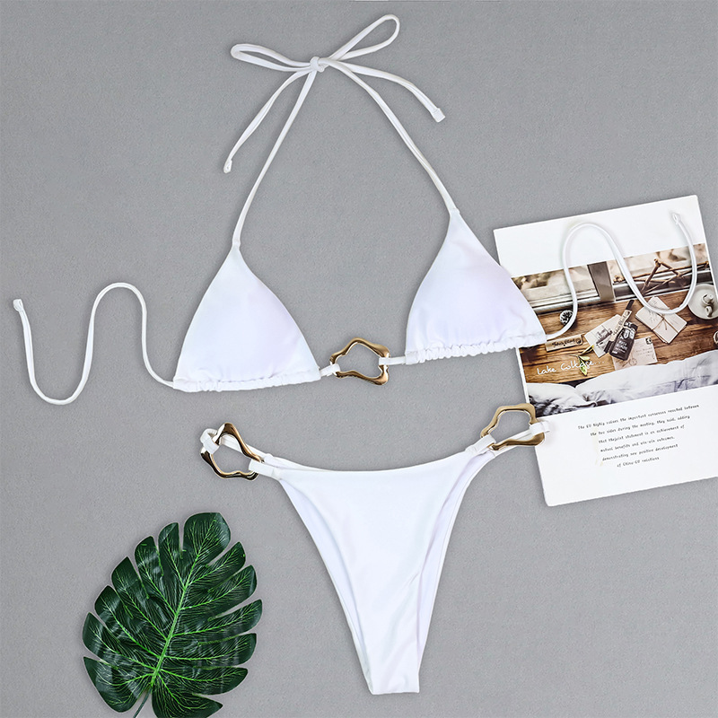 Foreign Trade 2024 White Bikini Push-up Drawstring Pleated Women's Sexy Metal Buckle Briefs Split Swimsuit