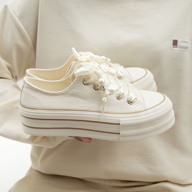 Women's Outer Wear Strappy Rubber Thick-Soled Canvas Shoes 2024 Low-Top New Women's Shoes Korean Style Lace-Up Versatile Casual Sneakers