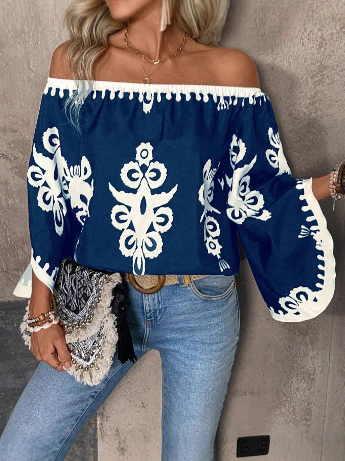 Picture of Amazon 2025 AliExpress Cross-border European and American New Fashion Loose Printed Bat Sleeve Top for Women