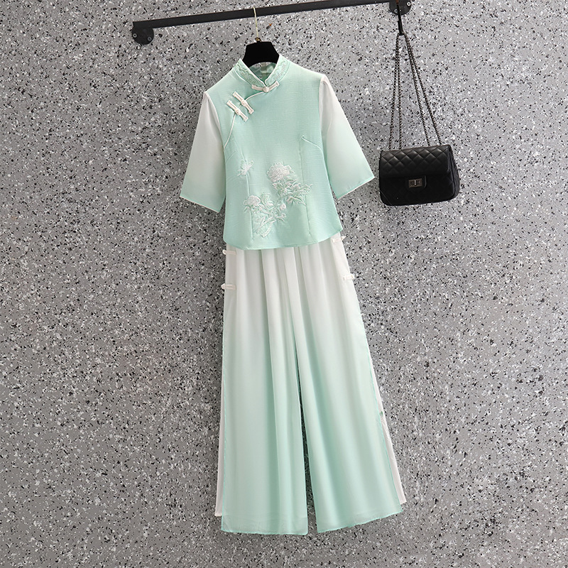 Picture of Vintage Chinese Top Set Large Size Chinese Style Seven-point Sleeve Cheongsam Peony Embroidered Gradient Pants Two-piece Set