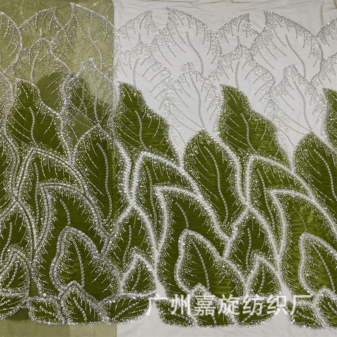 Ins Wind Leaf Heavy Industry Bubble Bead Bead Tube Lace Fabric European and American Dinner Dress Fashion Show Performance Clothing Fabric